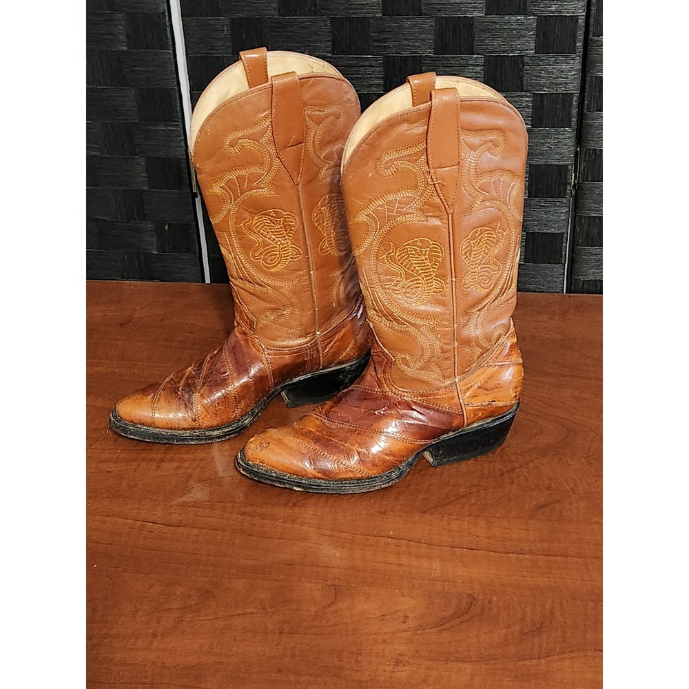 Las Trancas Mens Cognac  Eel Leather Cobra Embroidered Cowboy Boots Size 7.5